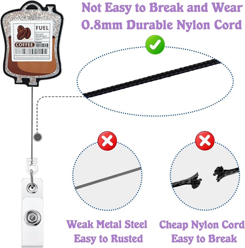 Bydevia Funny Coffee Fuel Glitter Badge Reel Retractable for Nurse Nursing RN CNA LPN Medical Worker & Office Staff | Cute Nurse Gifts, Coffee IV Bag Badge Holder with Alligator Clip & 24” Durable Nylon Cord - Image 4